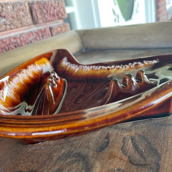 VINTAGE MCM Butterfly Ashtray Drip Glaze Brown and Gold Boomerang Shape - Picture 4 of 8